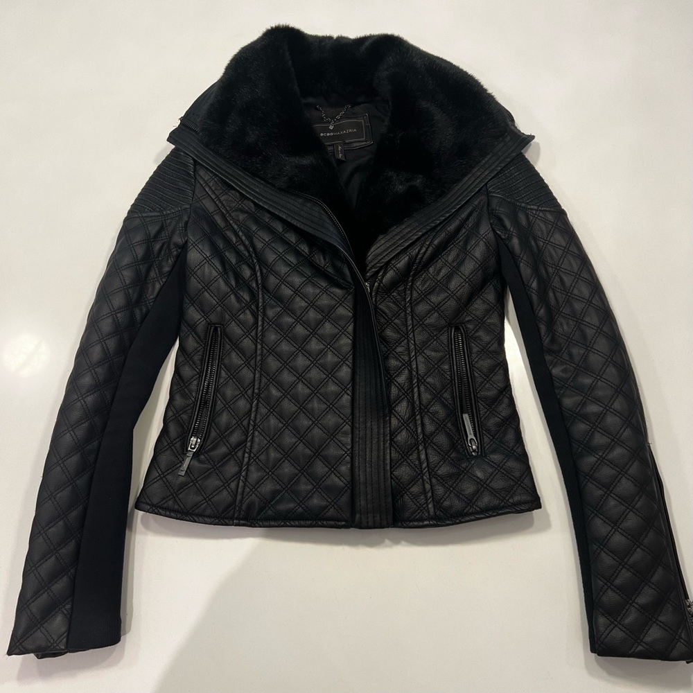 BCBGmaxazria faux leather jacket with faux fur.